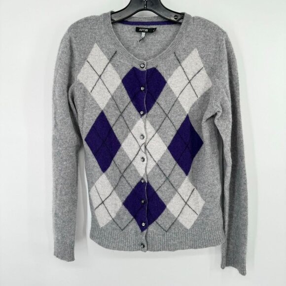 APT. 9 Women's Argyle Cardigan Sweater Size large Cashmere Gray & Purple - Picture 6 of 9